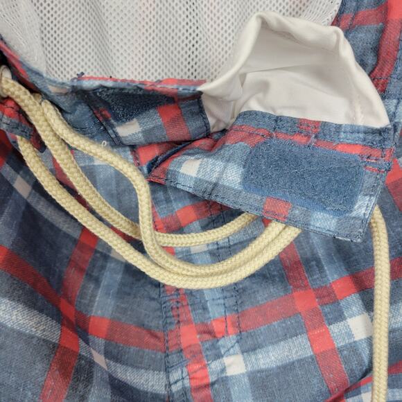 Ocean & Earth Swim Trunks Mens L Blue Red Plaid Lace Up Fly Netted Surf Beach - Picture 10 of 10